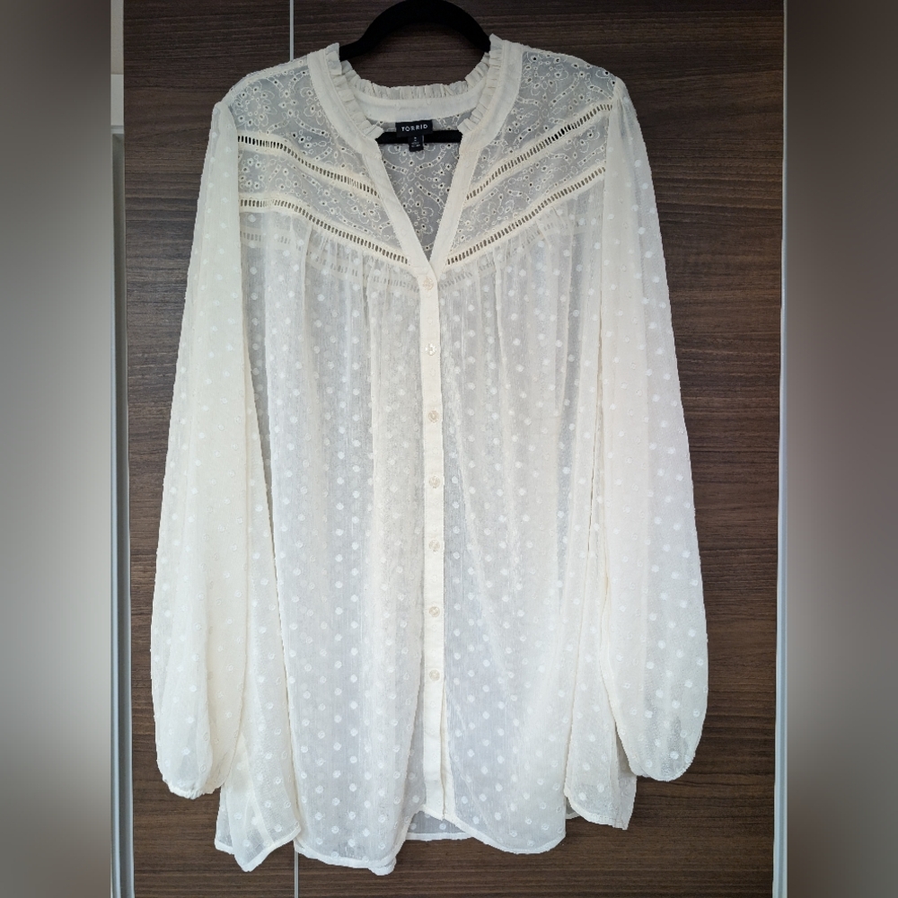 Torrid Cream Button-Up Blouse with Lace Details